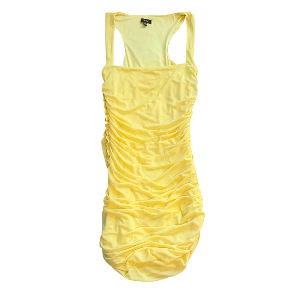 AFRM Yellow Ruched Bodycon Mini Dress Square Neck Racerback Large - Picture 2 of 9